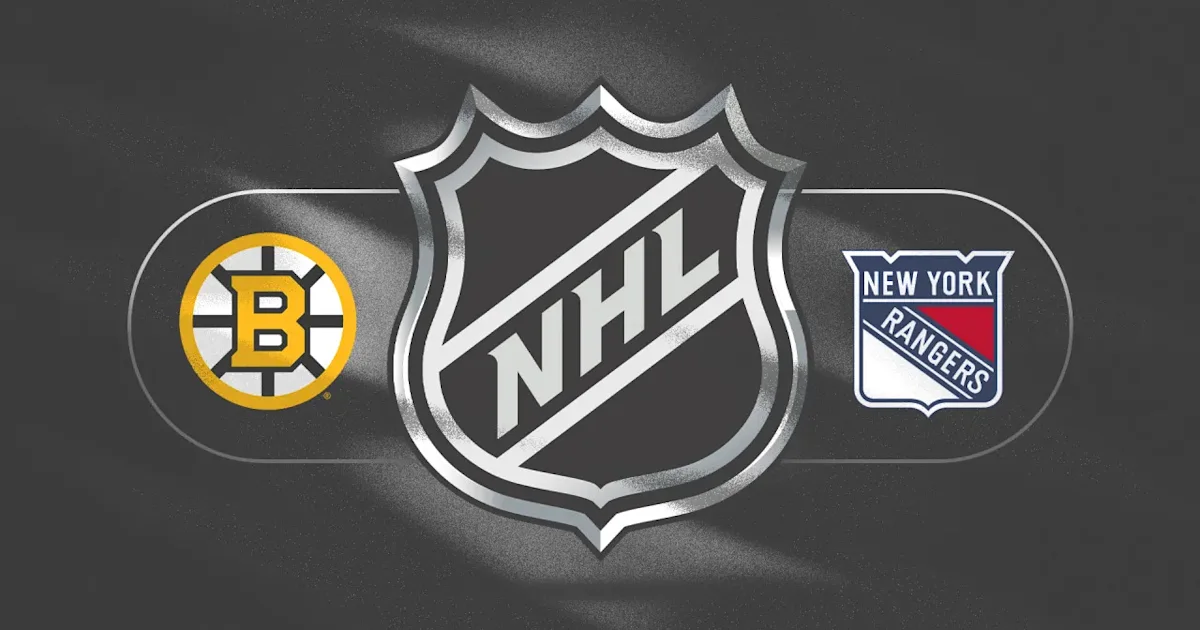 NHL shield between the Boston Bruins logo and New York Rangers logo on a dark background