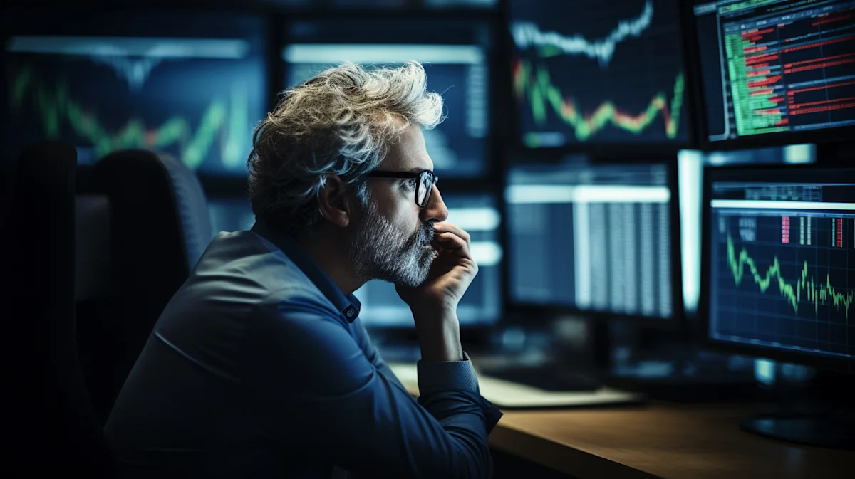Man with gray hair and glasses studies financial charts across multiple computer monitors.