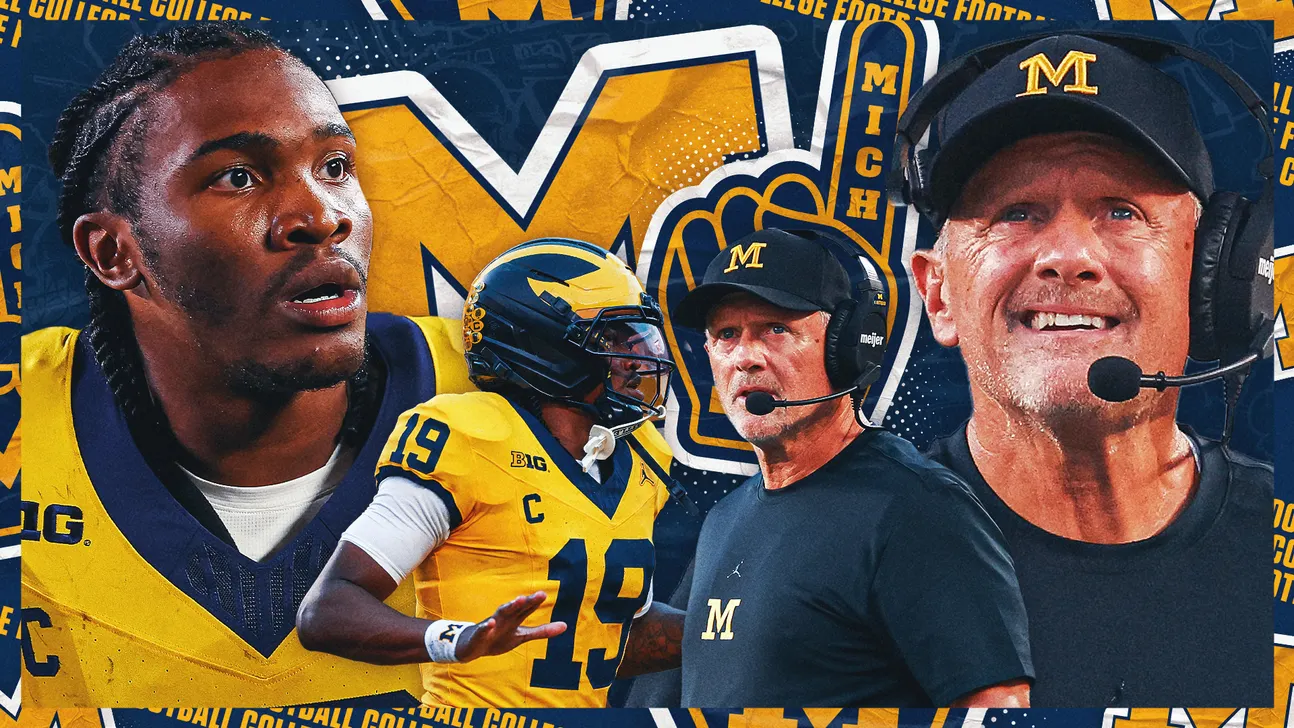 Michigan football players and coaches in maize and navy uniforms arranged in a celebratory composite