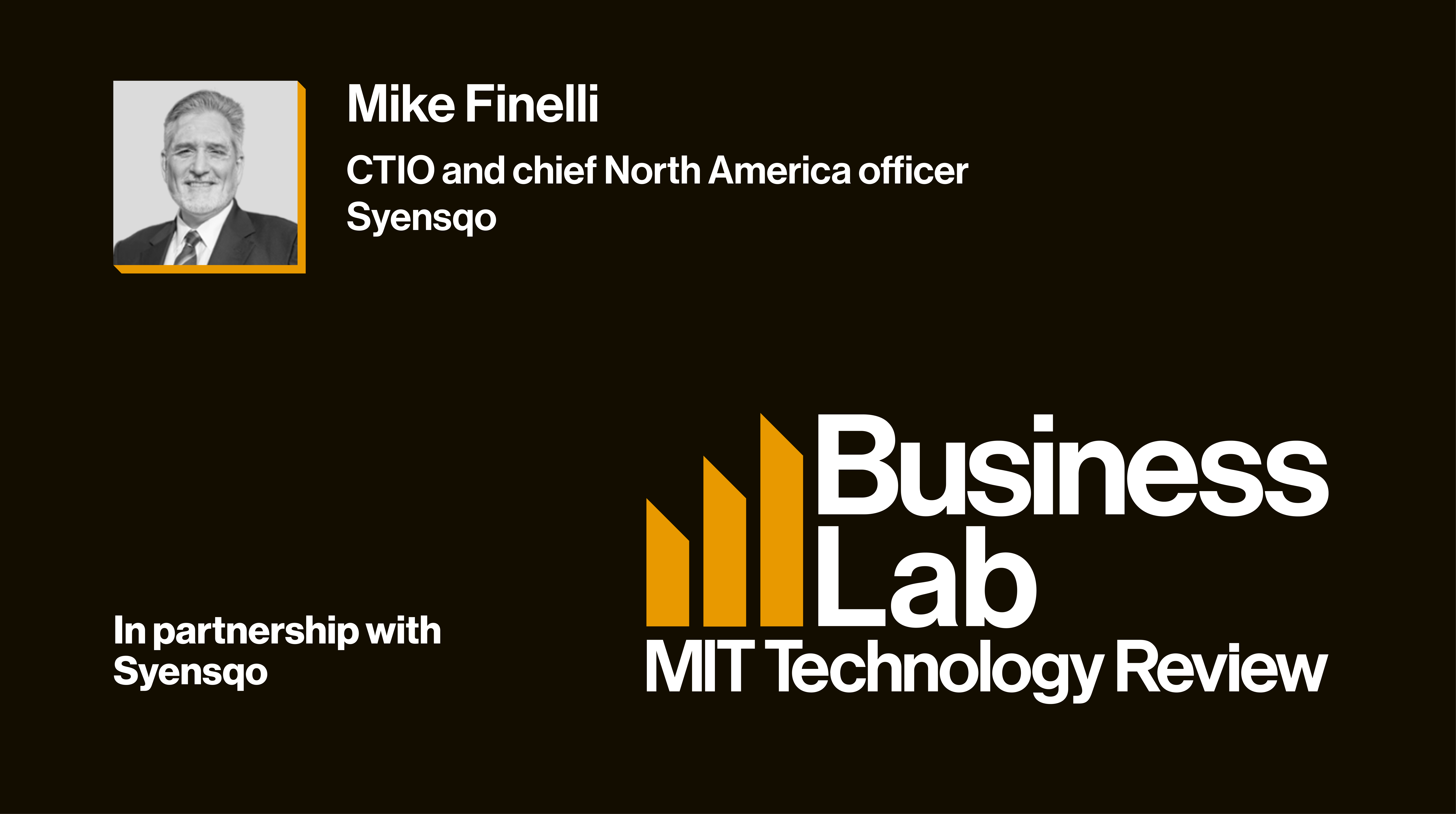 Black promotional graphic featuring Mike Finelli, Syensqo text, and Business Lab MIT Technology Review branding.