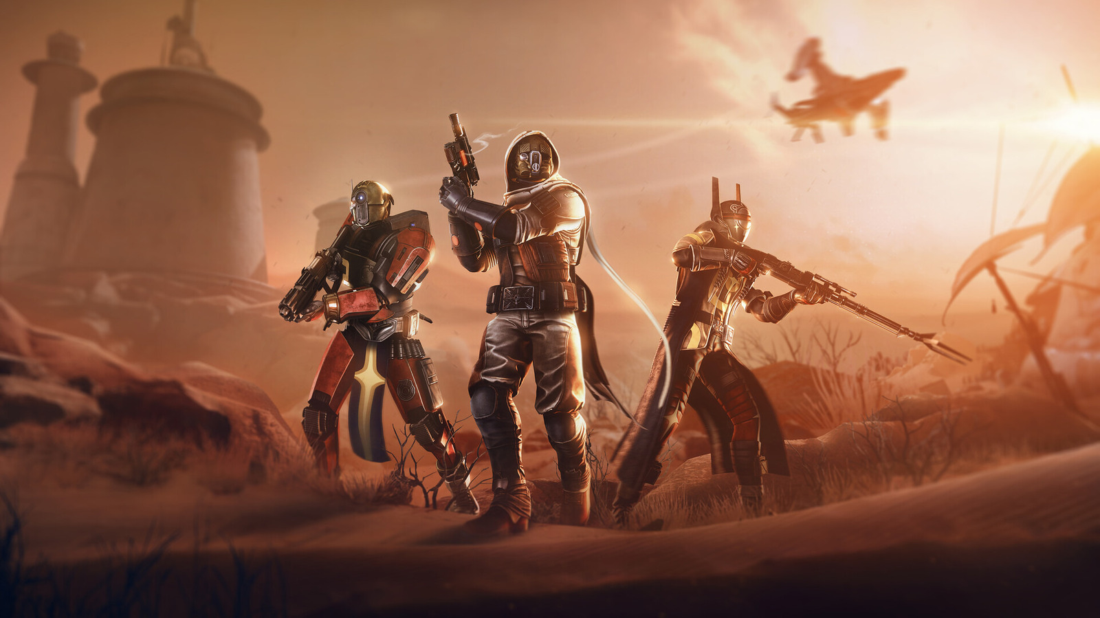 Three armored science-fiction figures stand armed in an orange desert landscape beneath a bright sky.