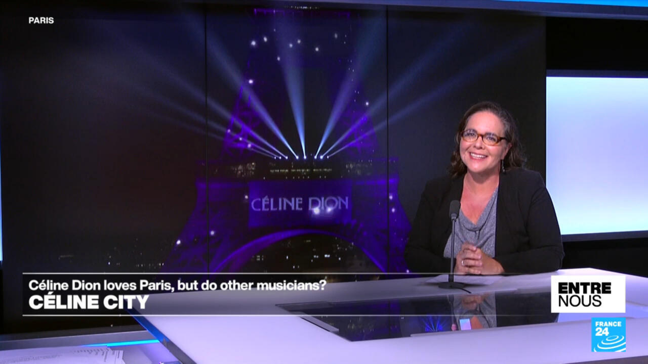Television presenter seated at a studio desk beside a Céline Dion display and France 24 graphics.