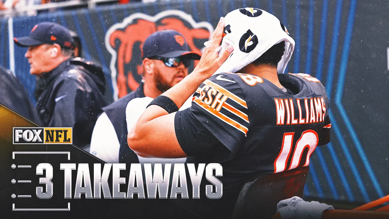 Football player in Bears uniform adjusts helmet during a rainy game, with FOX NFL 3 Takeaways graphic