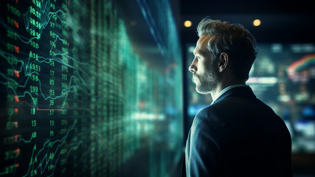 Businessman studies glowing stock market charts and financial data on a large digital display.