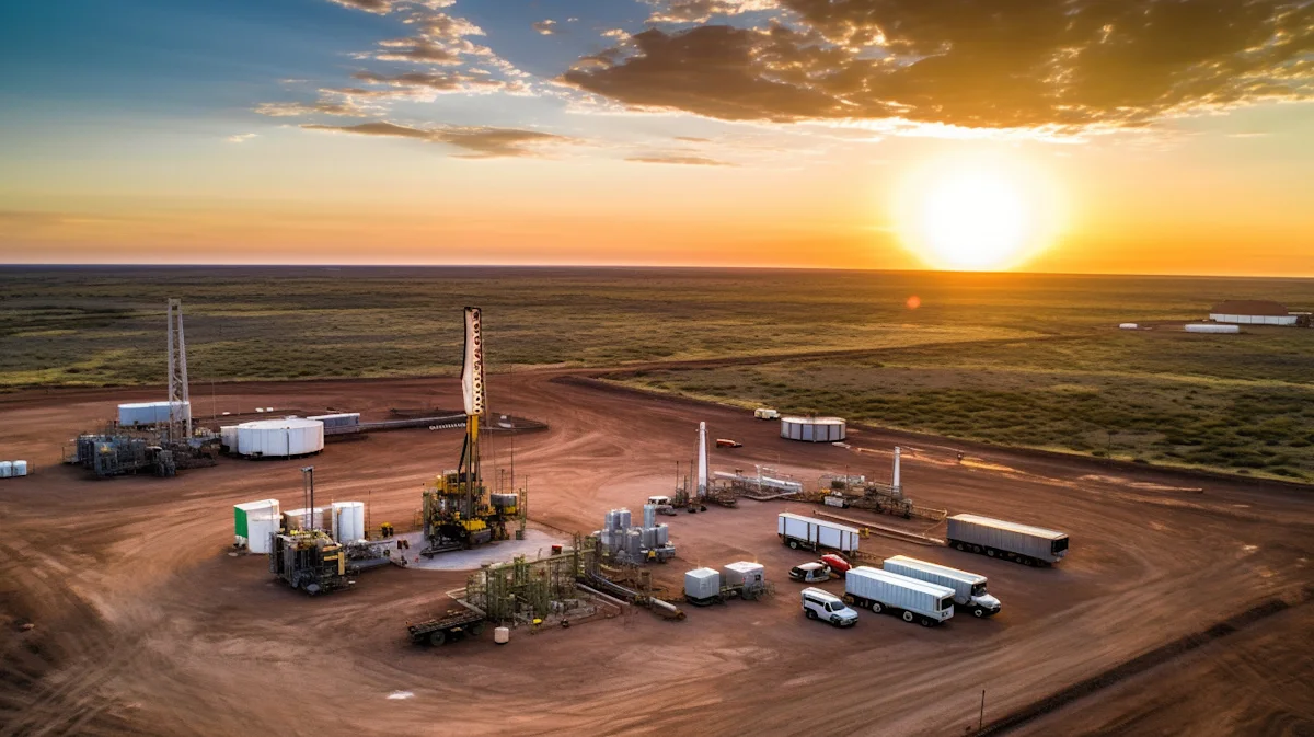 Oil drilling equipment, storage tanks, trucks, and trailers at a remote site during sunset.