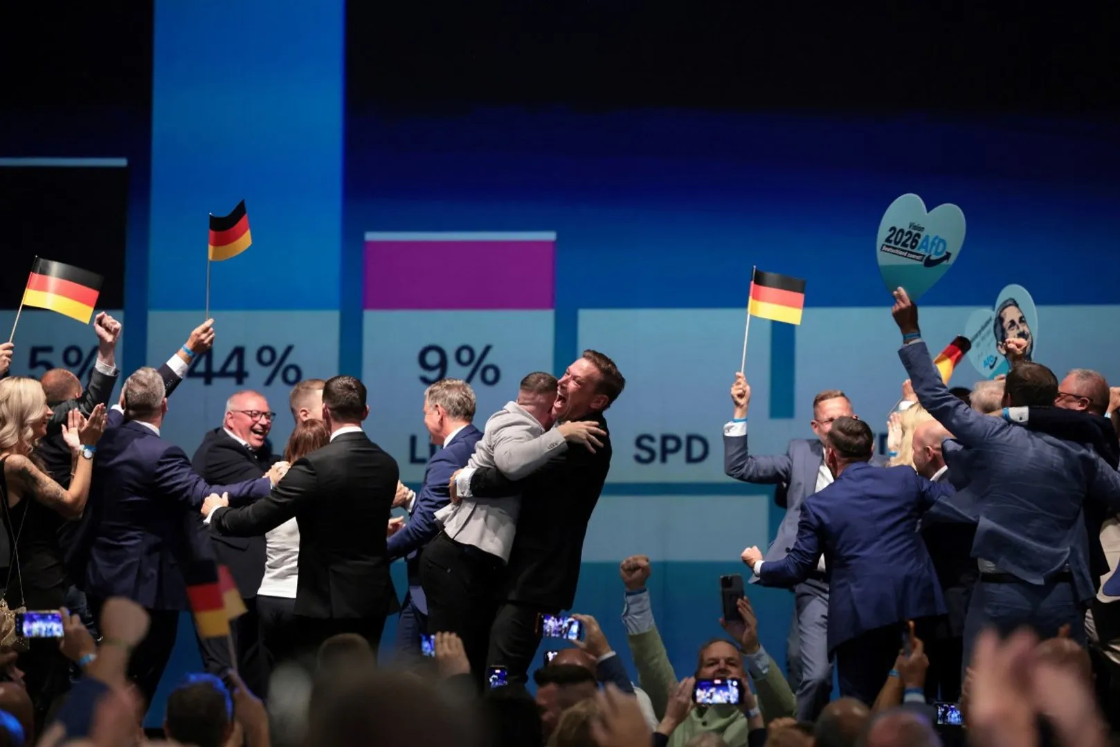 Politicians and supporters celebrate among German flags and election result figures on a stage.
