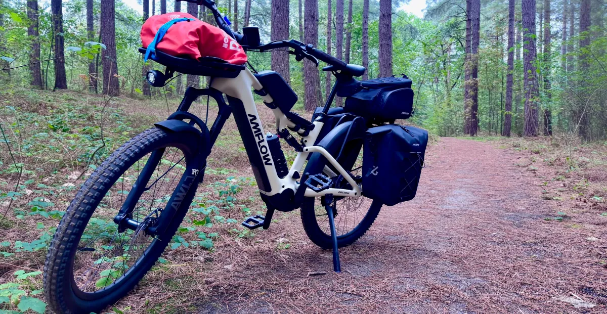 A loaded white e-bike stands on a pine-needle trail in a forest.