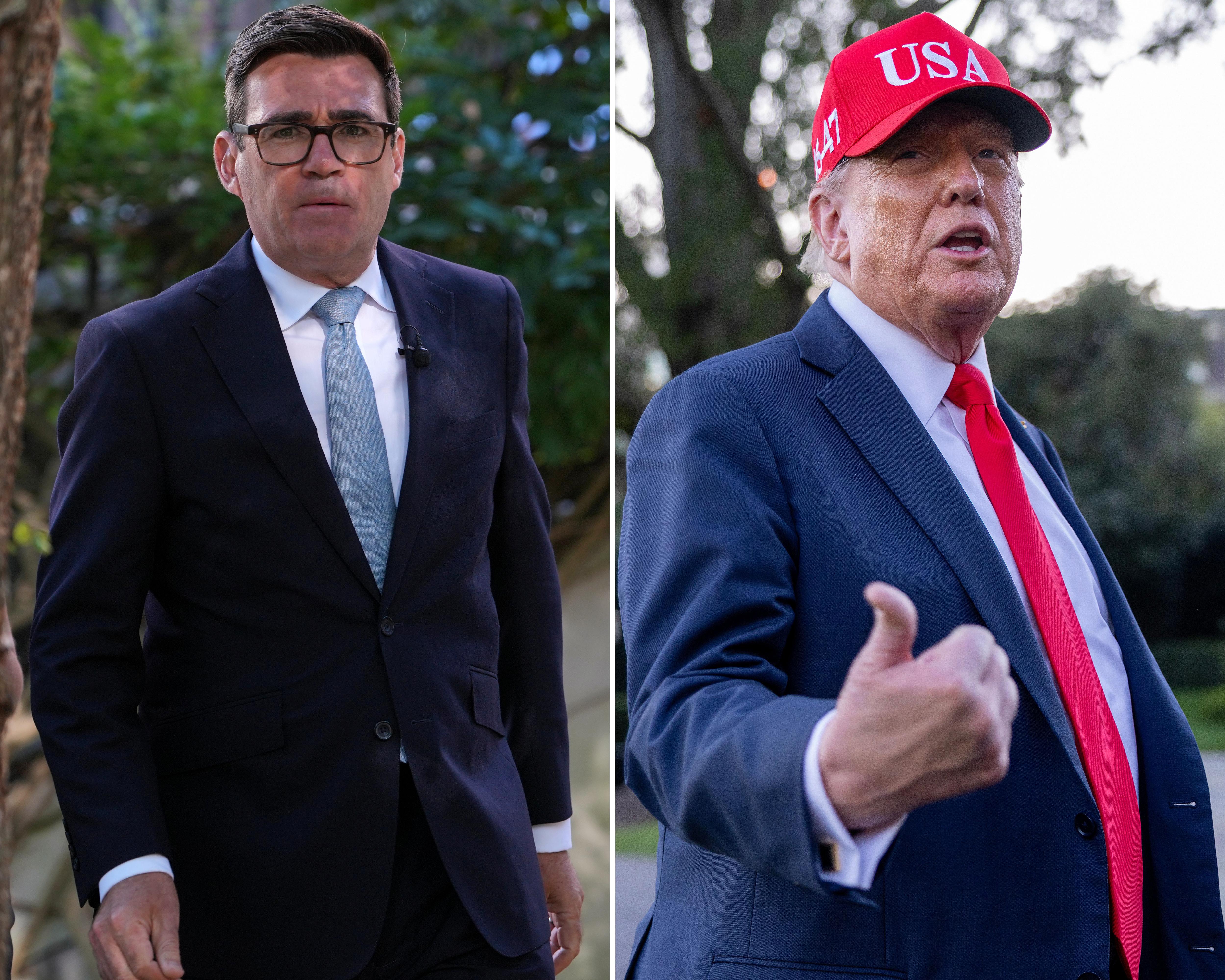 Split image showing two suited men outdoors, one wearing glasses and the other a red USA cap.