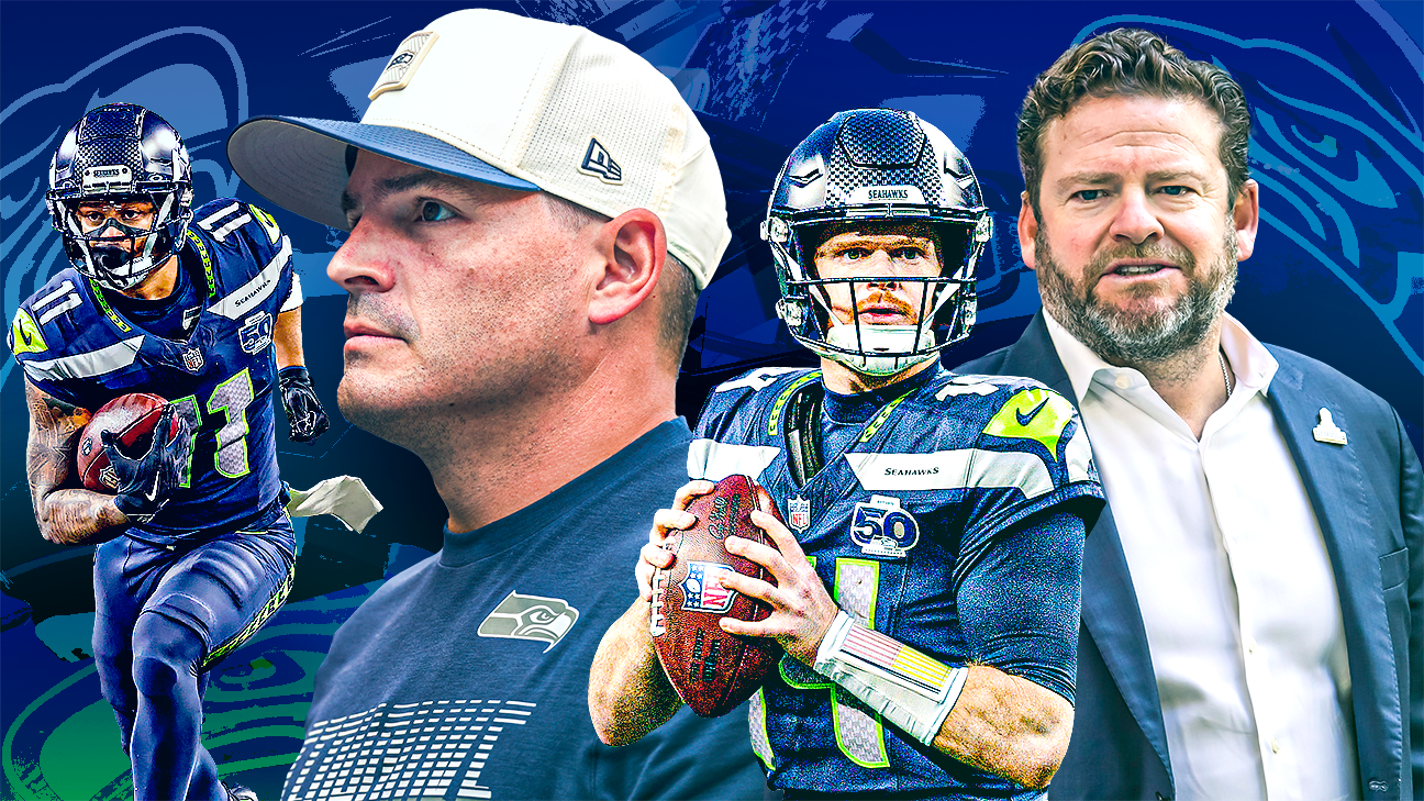 Collage of Seattle Seahawks football players and two men against a blue team-themed background.