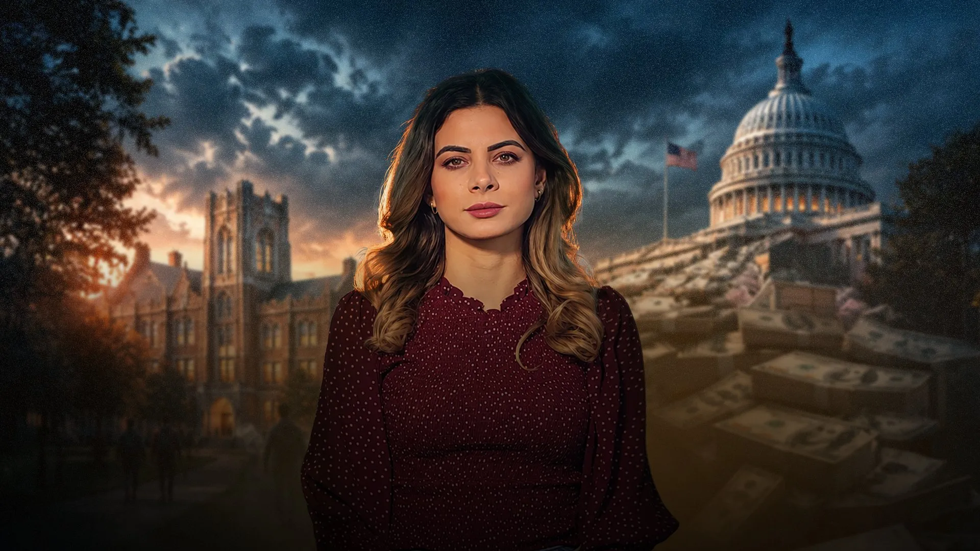 Woman in burgundy blouse standing between silhouetted government buildings beneath a dramatic evening sky