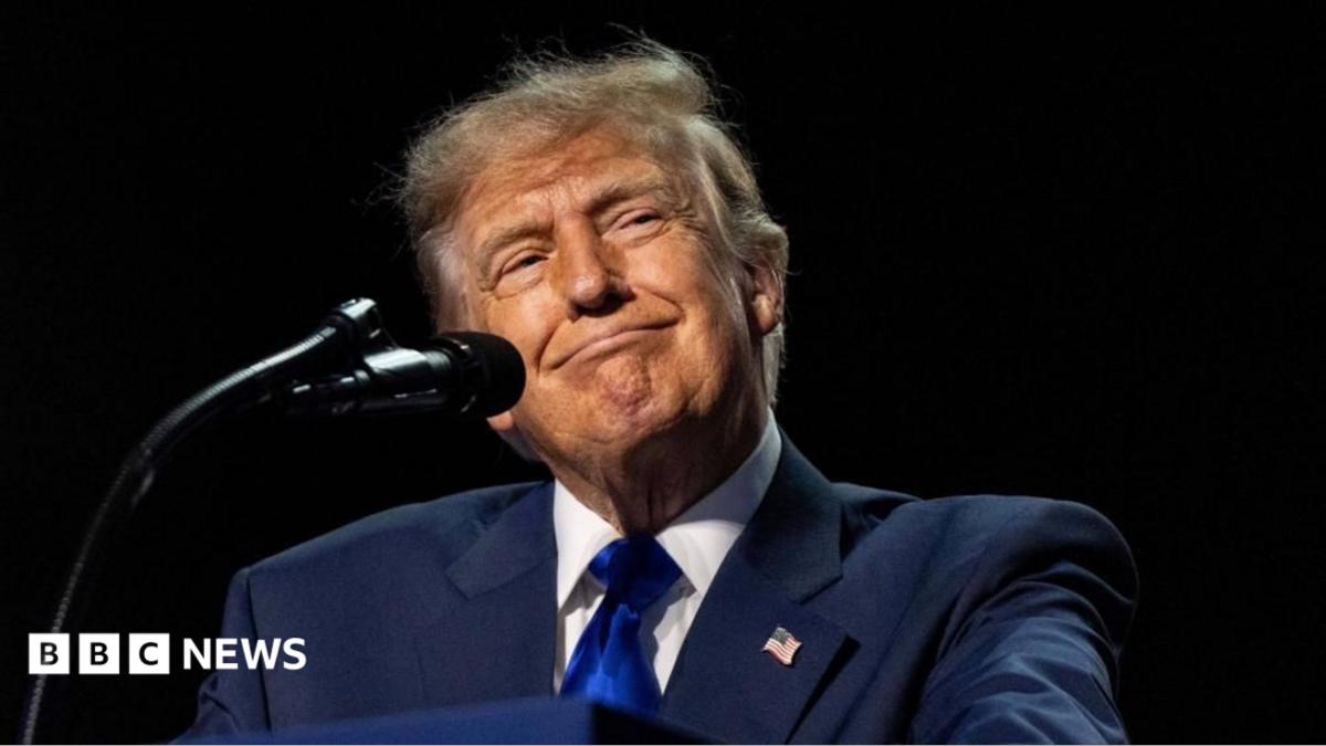 Donald Trump speaks into a microphone against a dark background, wearing a suit and American flag pin.