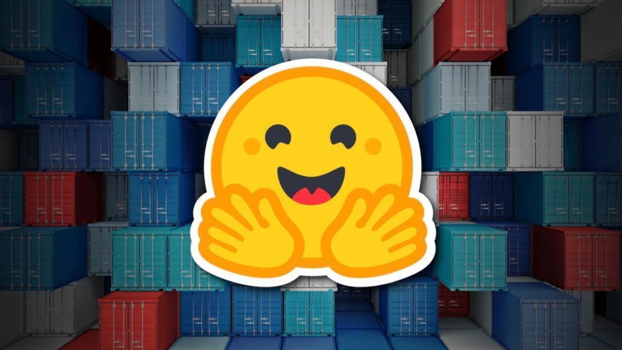 Smiling yellow hugging emoji displayed against a backdrop of stacked red, blue, gray, and teal shipping containers