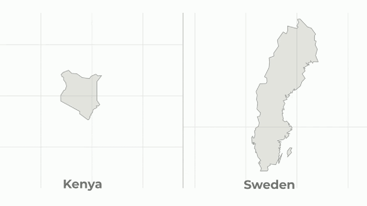 Gray silhouettes of Kenya and Sweden displayed side by side on a gridded background.