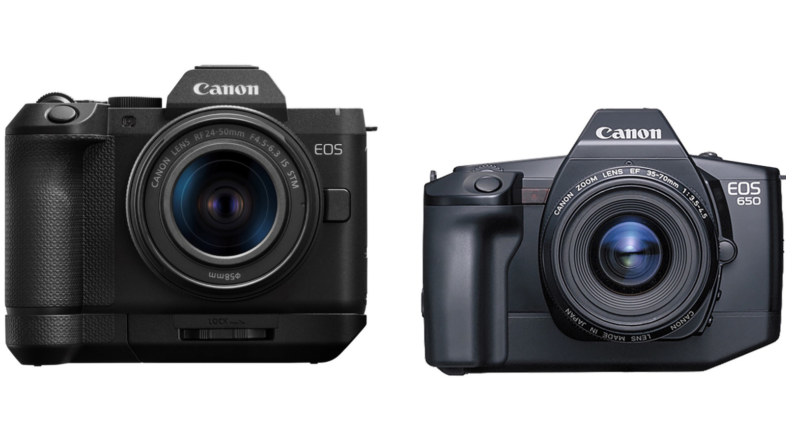 Two Canon cameras shown side by side, including a modern mirrorless model and a classic SLR.