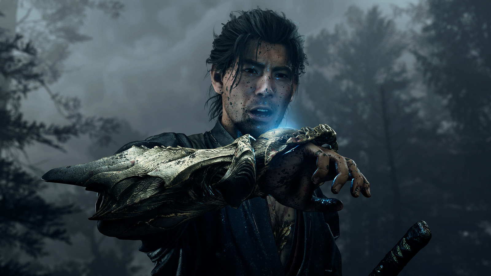 Warrior with bloodied face raises an ornate sword in a dark, misty forest.
