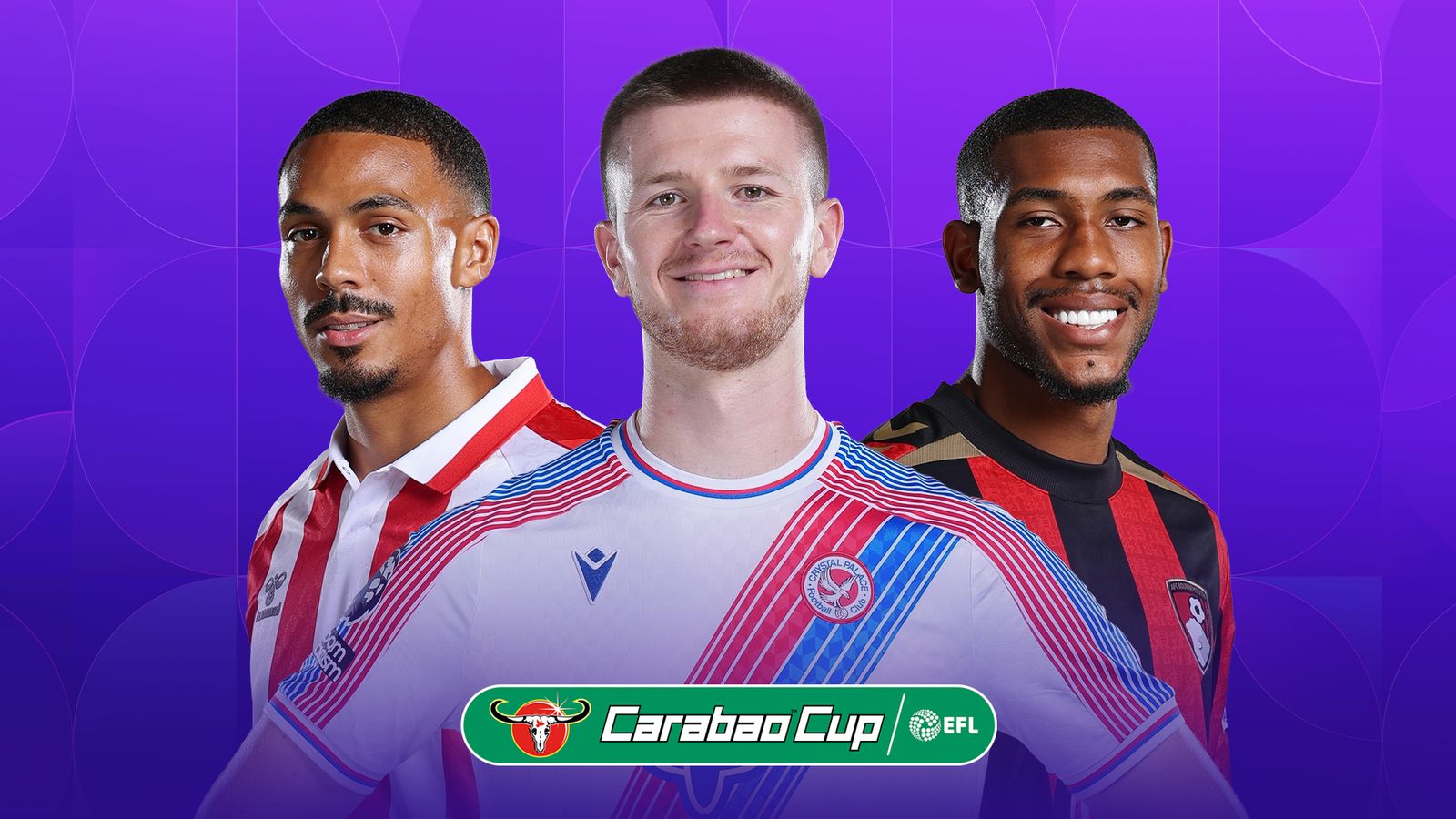 Three footballers in club shirts posed against a purple Carabao Cup promotional background.