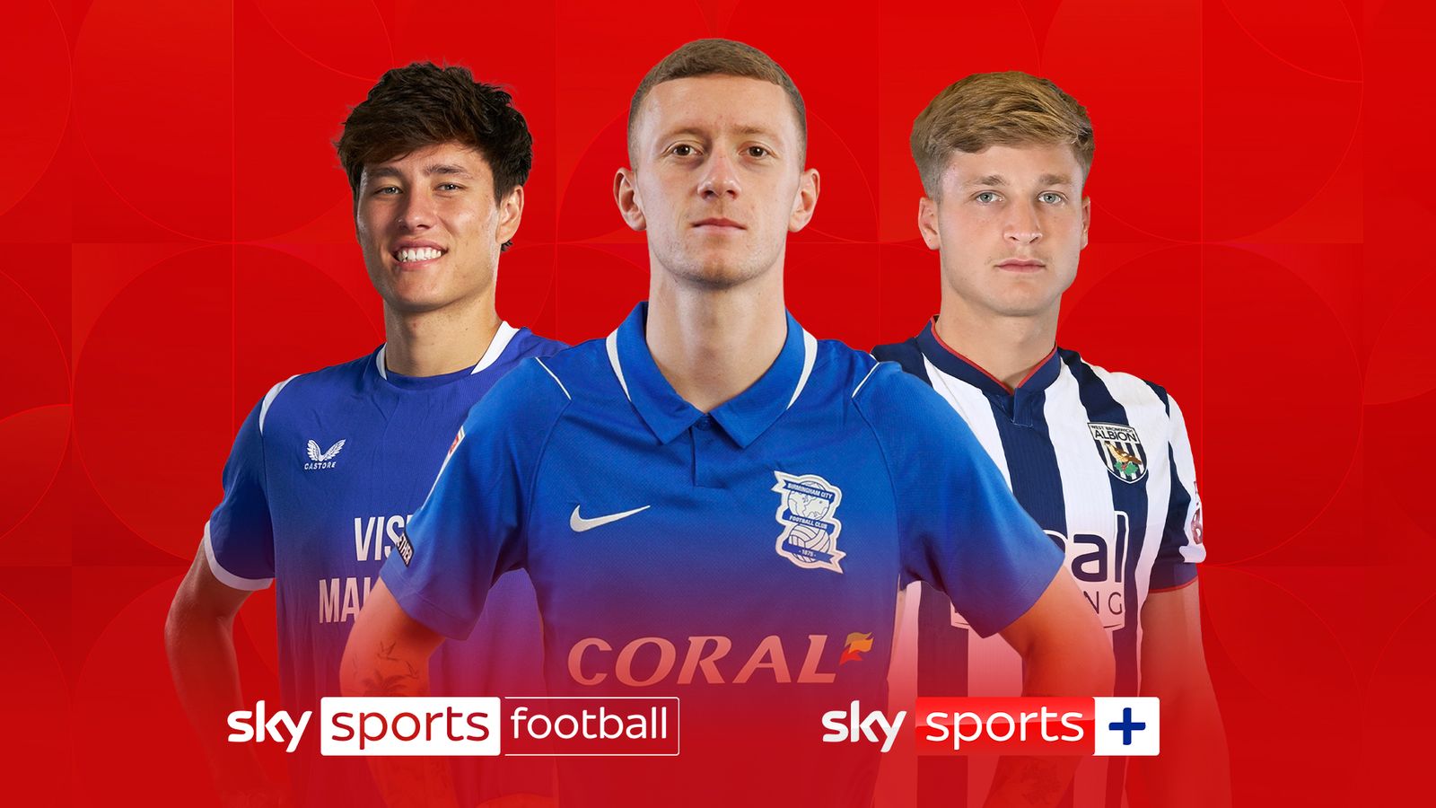 Three football players in blue and striped kits posed against a red Sky Sports background