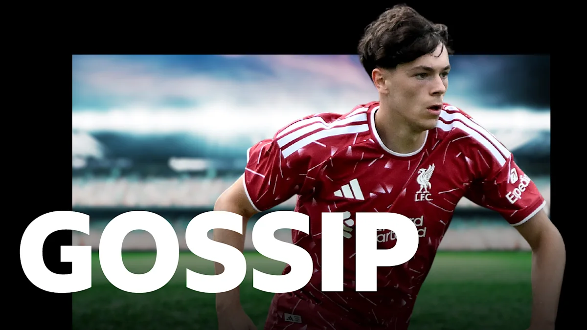 Footballer in red Liverpool jersey running on pitch with large white GOSSIP text overlay