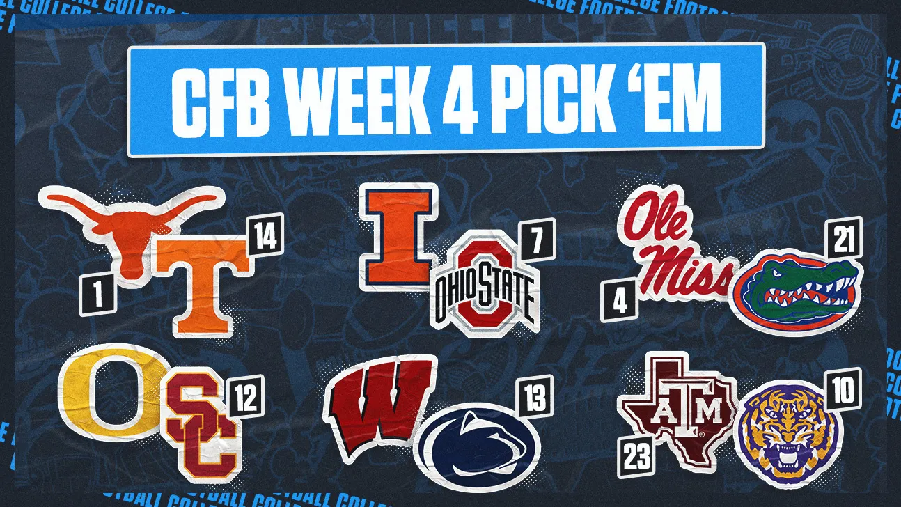 Graphic titled “CFB Week 4 Pick ’Em” showing six college football team logos and ranking numbers.