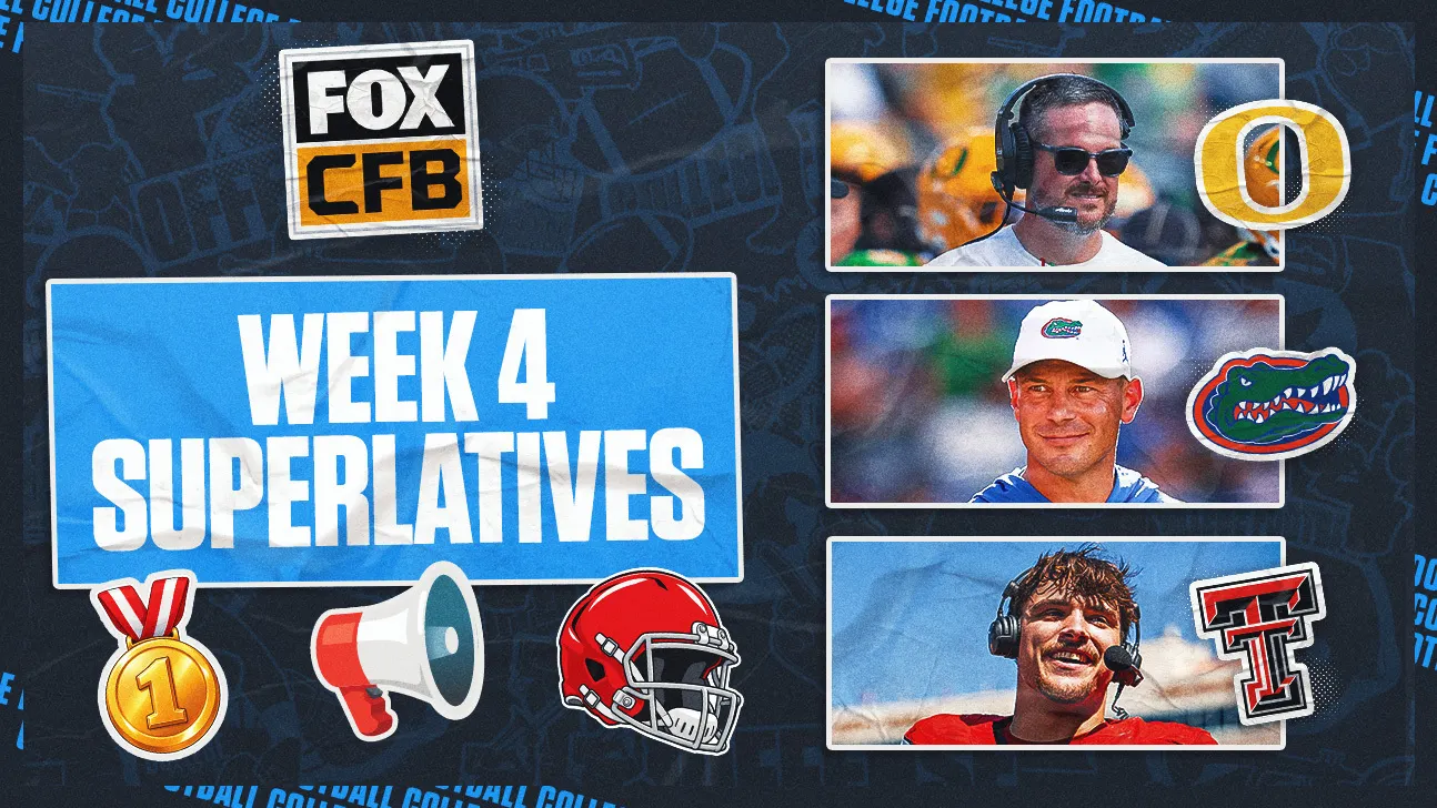 Fox CFB Week 4 Superlatives graphic with coach portraits, team logos, a medal, megaphone, and helmet