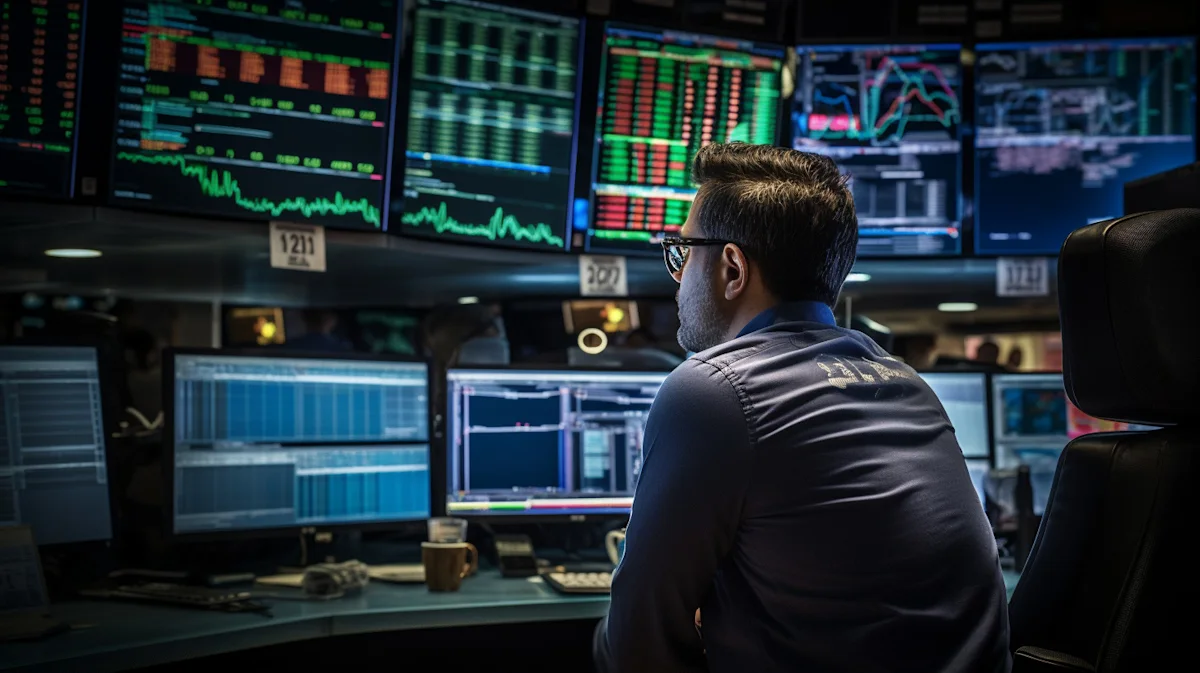 Trader watches multiple financial market monitors in a dimly lit trading room.