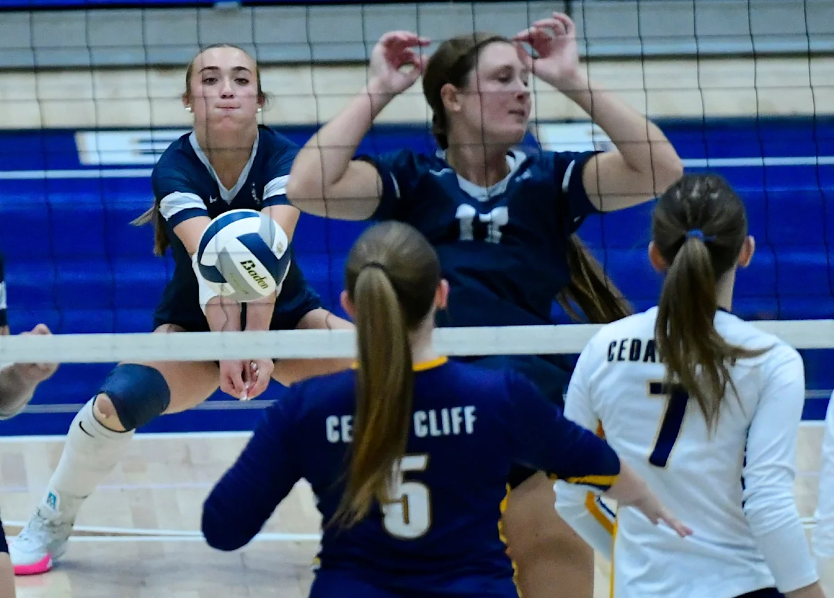 Volleyball players compete at the net as a player bumps the ball during a match.