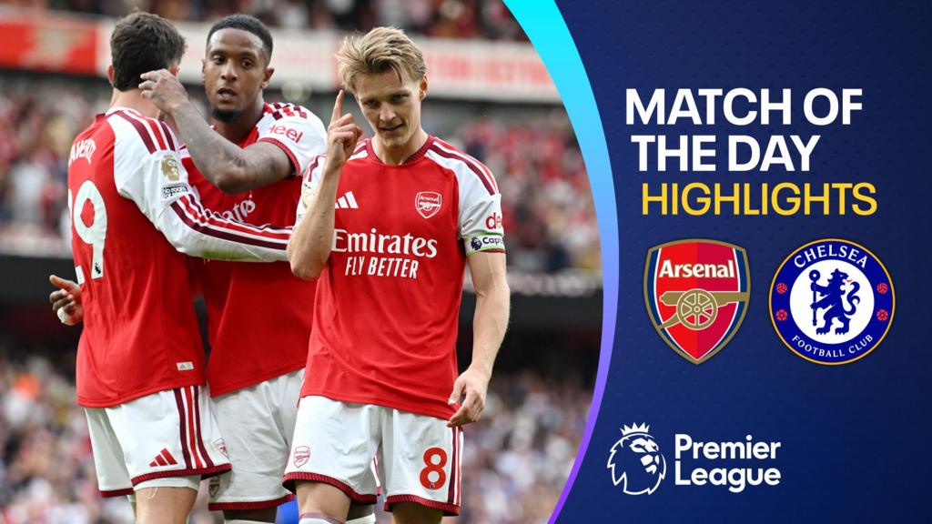 Arsenal football players celebrate during a match beside Arsenal Chelsea highlights graphics.