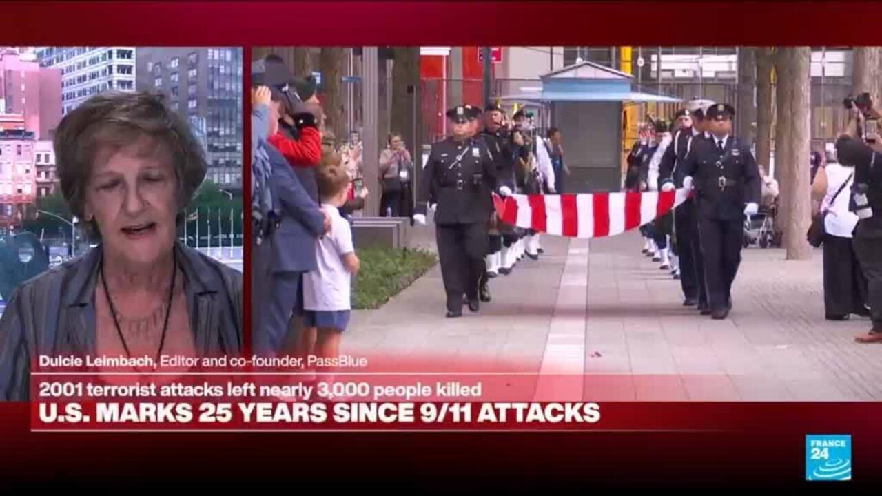 Split-screen interview and uniformed personnel carry a U.S. flag past onlookers.