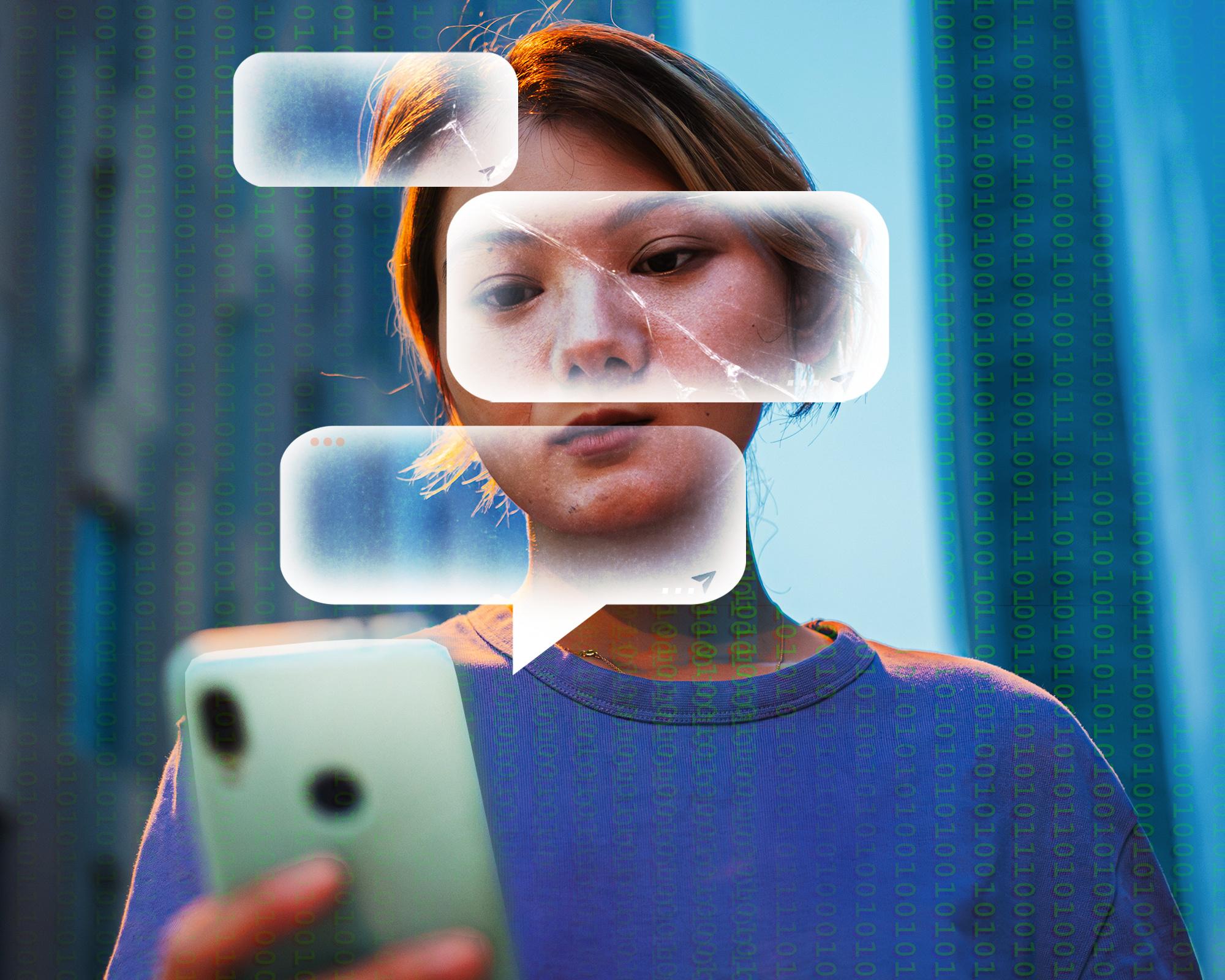 Person holding a smartphone, overlaid with cracked translucent chat windows and cascading green binary digits.