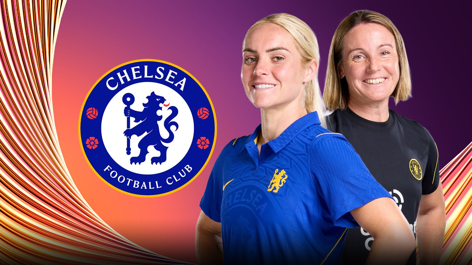 Chelsea crest beside two women football figures in blue and black kits against a purple background.