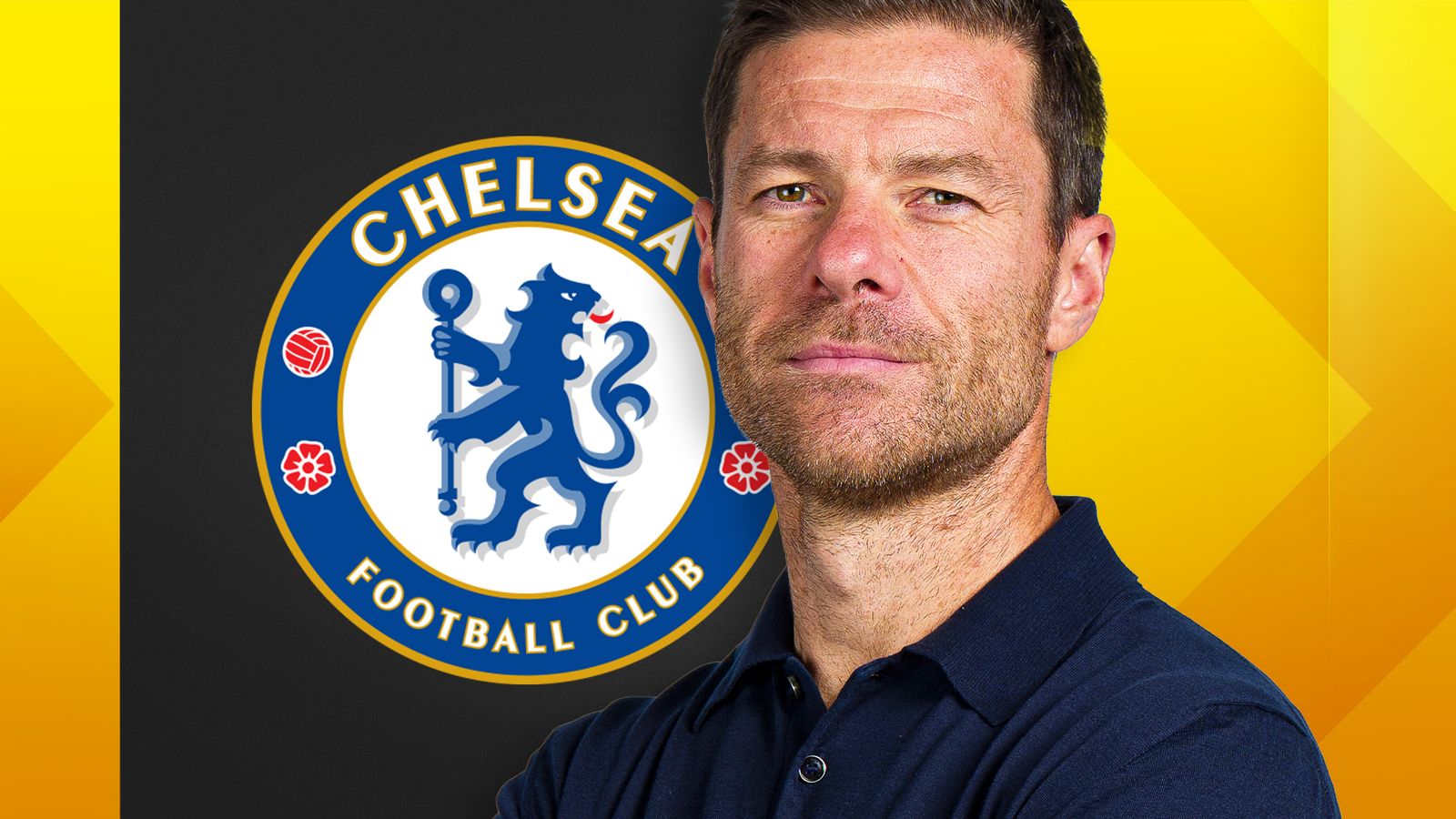 Portrait of a man beside a large Chelsea Football Club crest on a yellow and black background