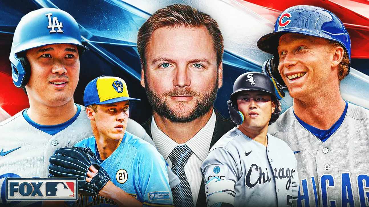 Composite graphic showing baseball players in team uniforms around a man in a suit, with a FOX MLB logo.