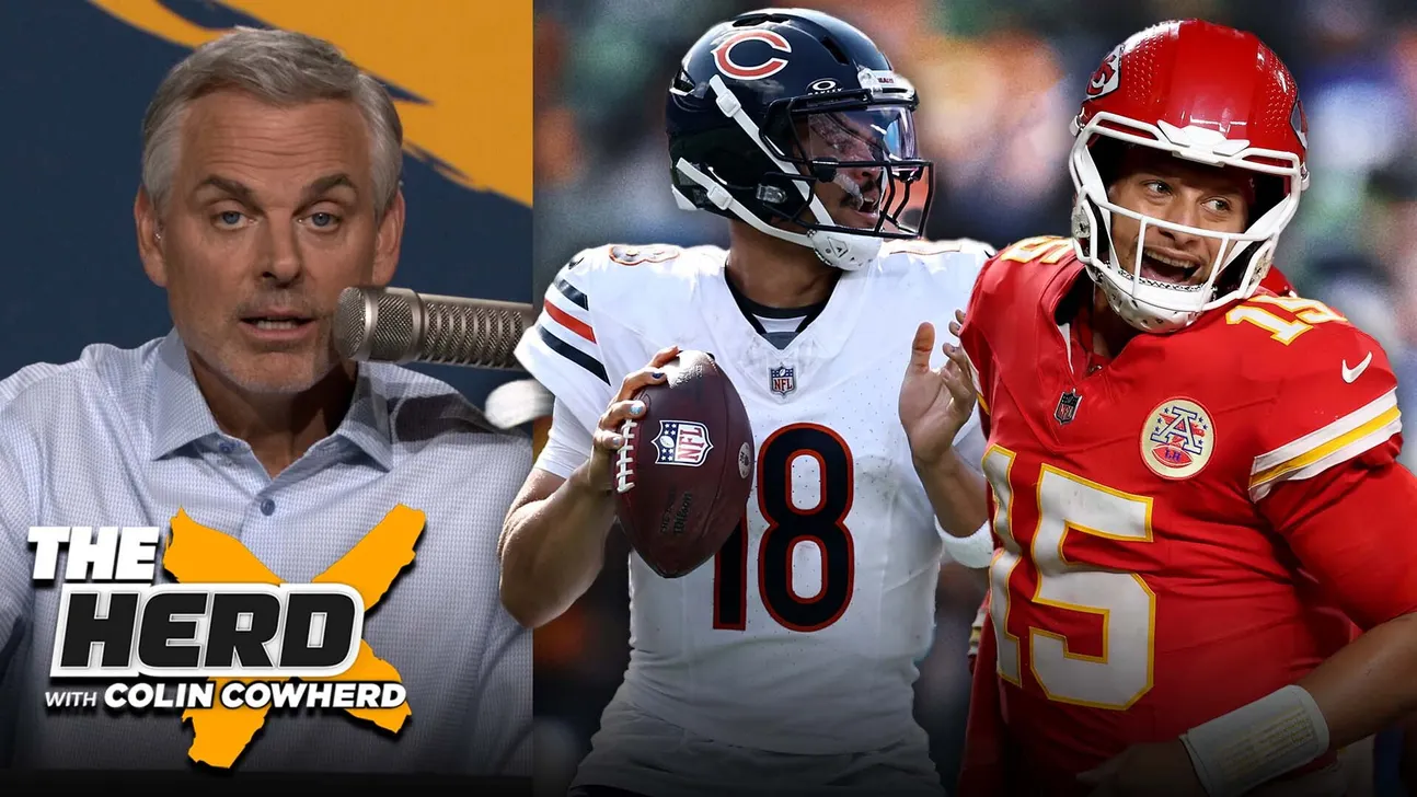 Sports graphic showing a commentator beside Chicago Bears and Kansas City Chiefs quarterbacks