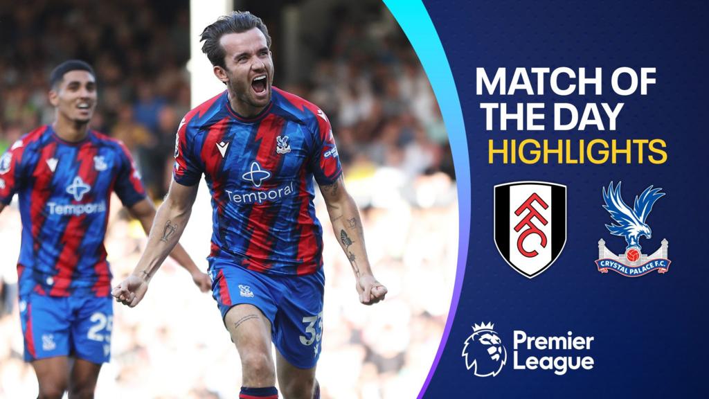 Crystal Palace player celebrates beside Match of the Day highlights graphic featuring Fulham and Palace logos