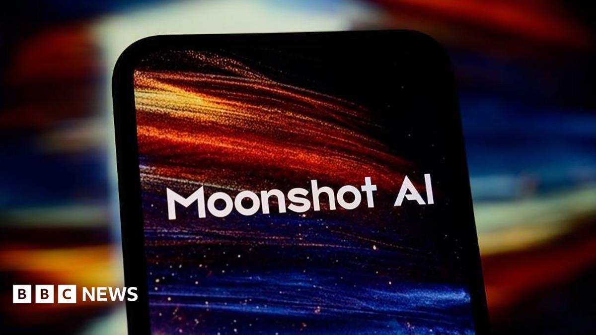 A tablet displays the words “Moonshot AI” against a blurred, colorful background, with a BBC News logo.