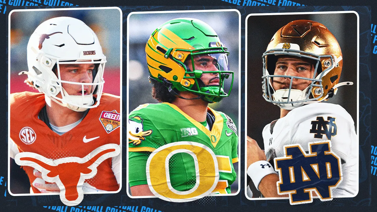 Three college football players in Texas, Oregon, and Notre Dame uniforms wearing helmets.