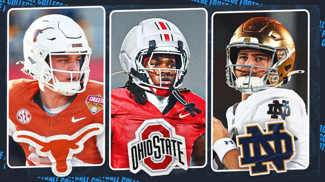 Three college football players in helmets and uniforms representing Texas, Ohio State, and Notre Dame.
