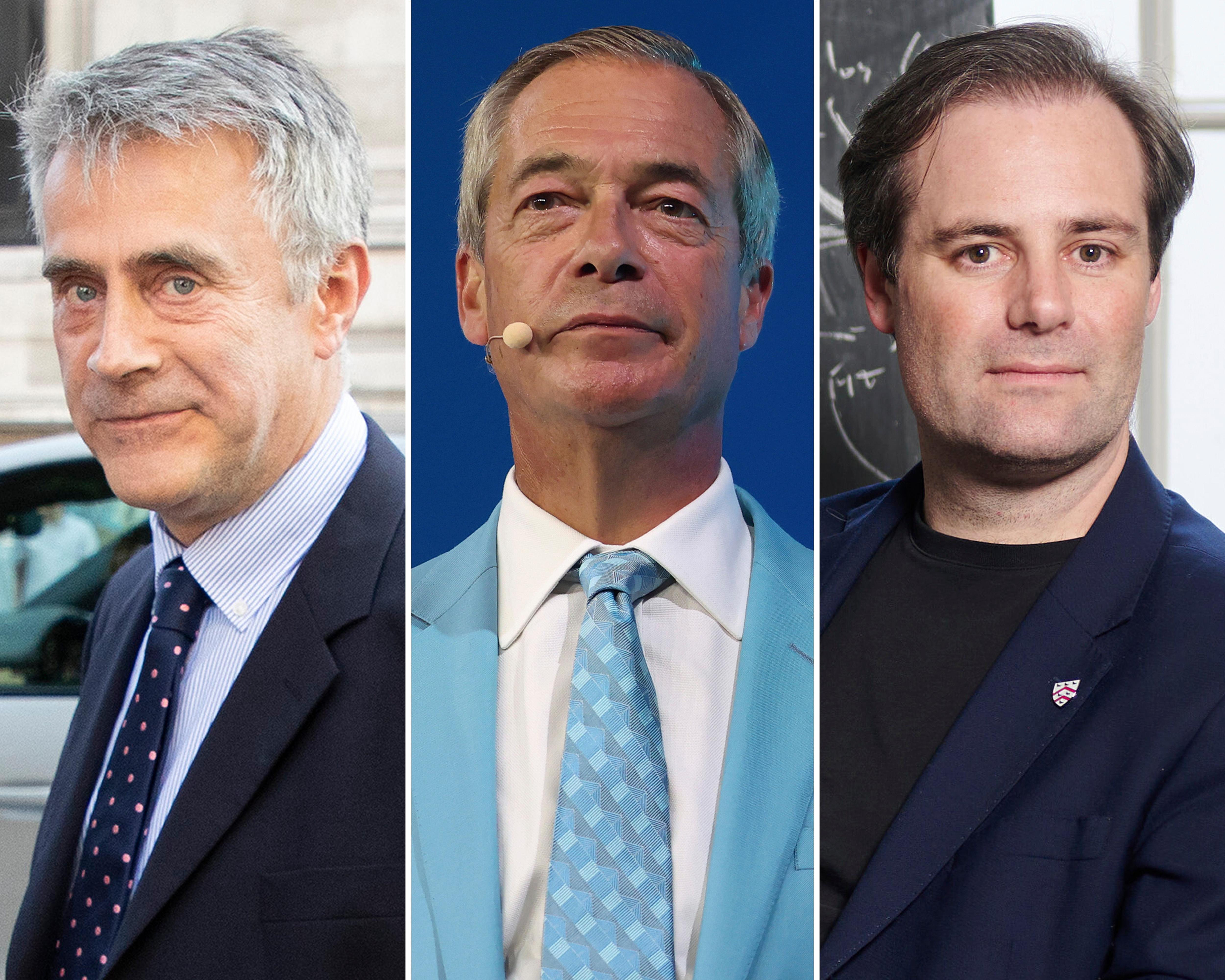 Composite portrait of three suited men, including one speaking into a headset microphone