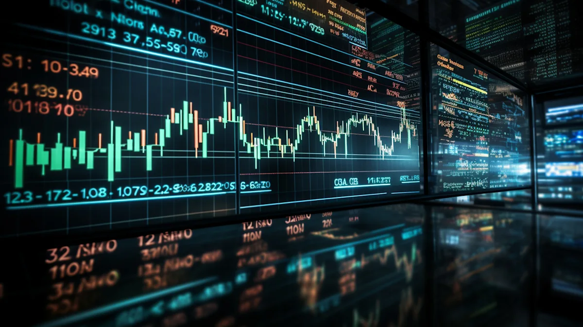 Close-up of glowing financial market charts, candlesticks, trading data, and reflections on multiple screens