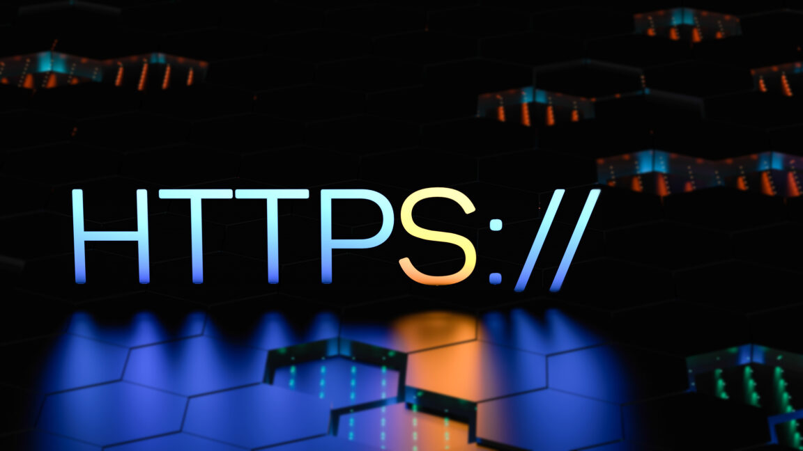 Large glowing HTTPS lettering above a dark, illuminated wall of geometric server-like panels.