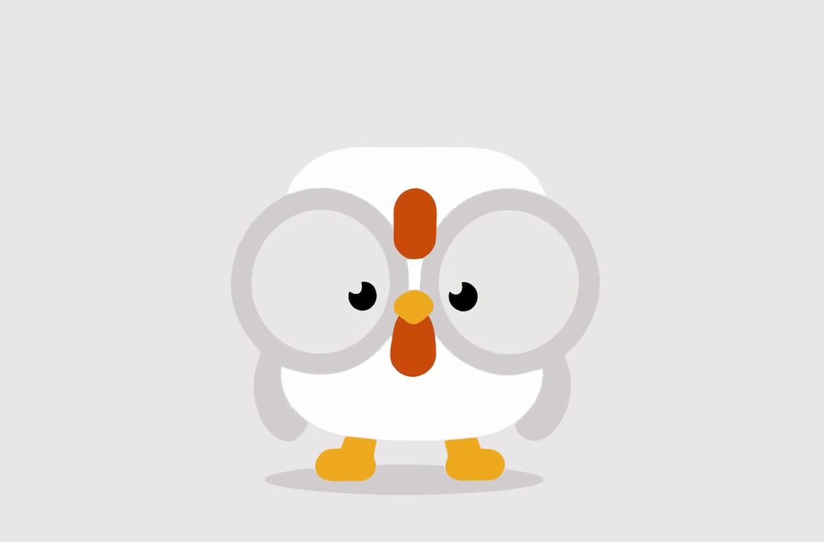Cartoon white bird with oversized gray-rimmed eyes, orange beak, yellow feet, and shadow