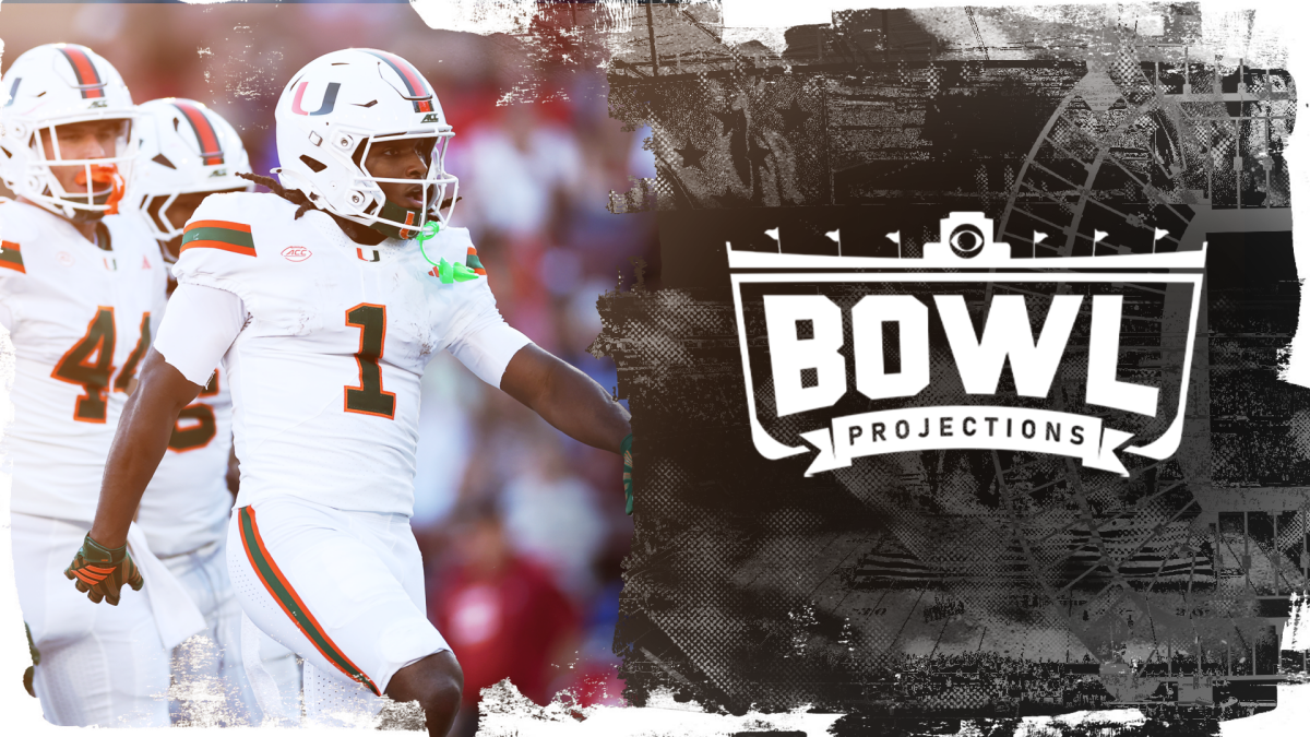 College football players in white uniforms beside a black-and-white bowl projections graphic.