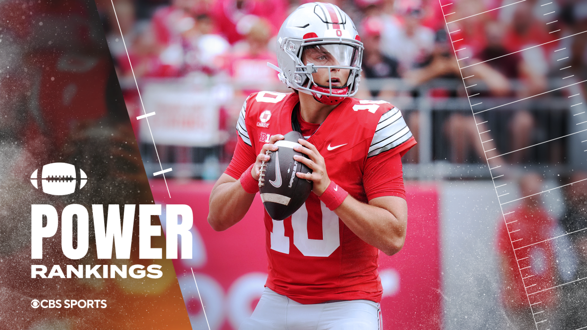 Ohio State quarterback in red uniform holding football, with Power Rankings graphic overlay