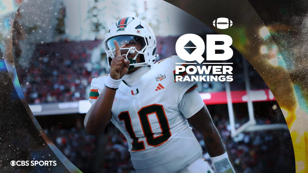 Miami quarterback wearing No. 10 raises two fingers beneath a QB Power Rankings graphic.