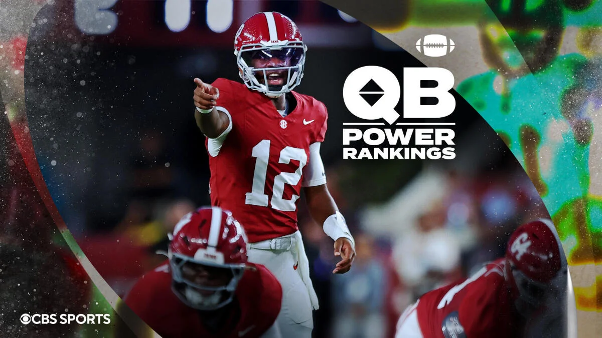 Alabama quarterback in a red number 12 jersey points beneath a QB power rankings graphic.