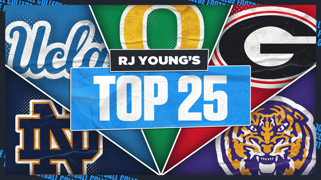 Graphic reading “RJ Young’s Top 25” over college football logos for UCLA, Oregon, Georgia, LSU and Michigan.