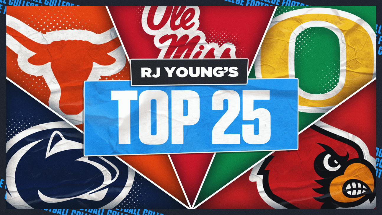 Graphic featuring Ole Miss and college football team logos surrounding a blue Top 25 ranking panel