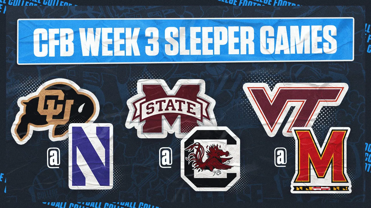 Graphic titled CFB Week 3 Sleeper Games featuring three college football matchup logo pairings.