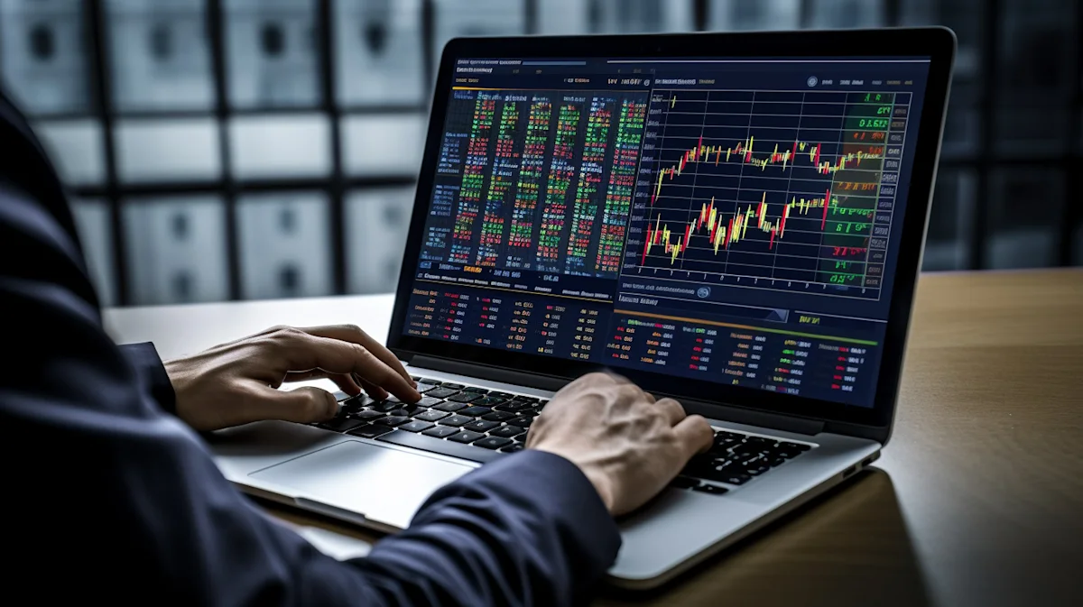 Trader using a laptop displaying financial market data, charts, and stock prices