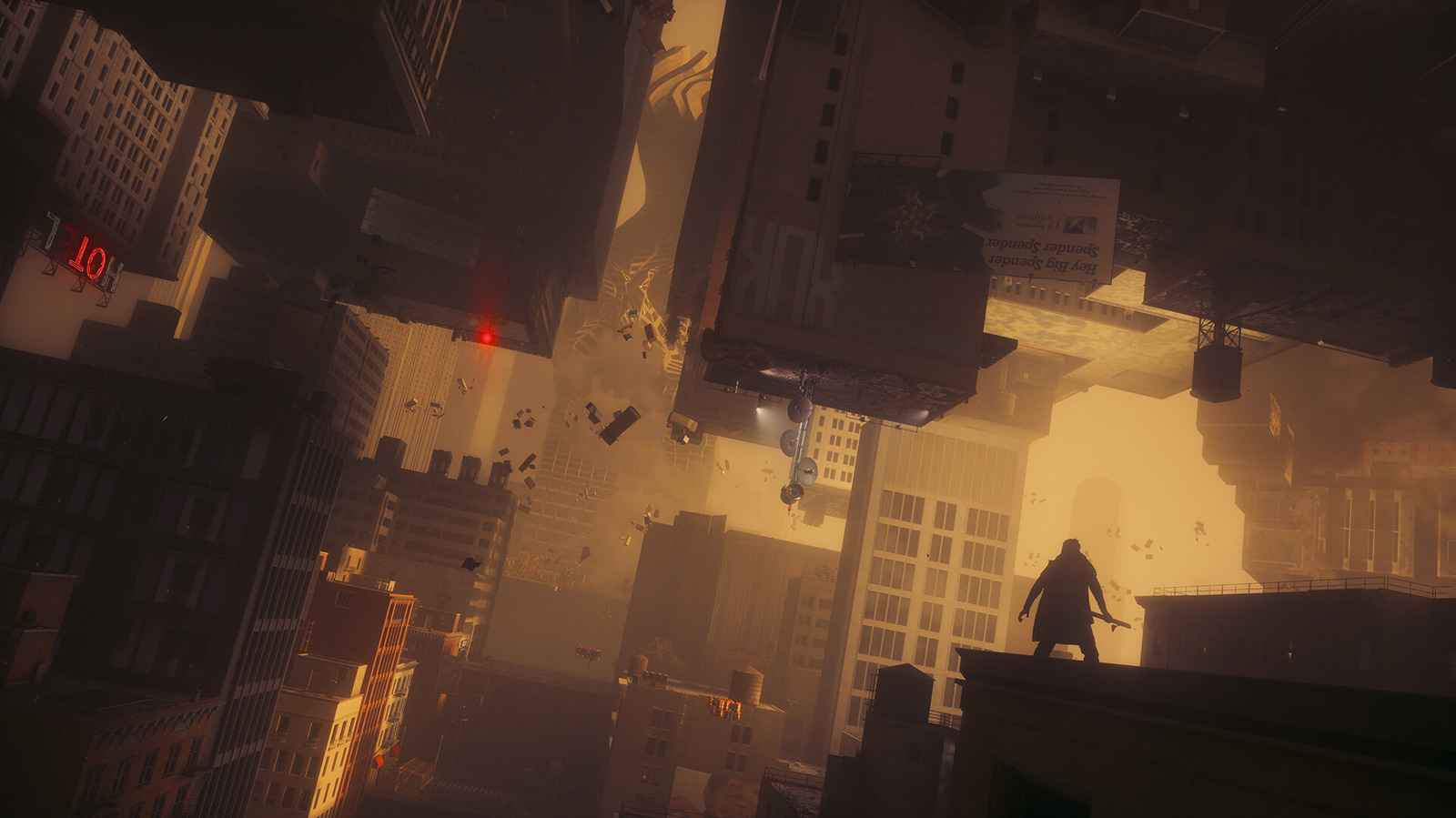 A silhouetted figure stands on a rooftop amid tilted city buildings and glowing amber haze.